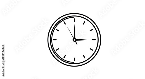 A simple black and white line art illustration of a classic analog wall clock on a plain background.