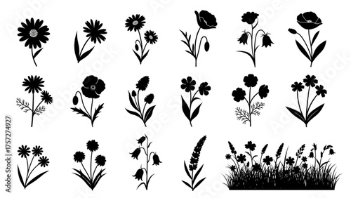 Wildflower Silhouette Icon Set – High-Quality Black Vector Illustrations of Various Wildflowers Growing Naturally Representing Nature, Gardening, and Rustic Floral Themes
