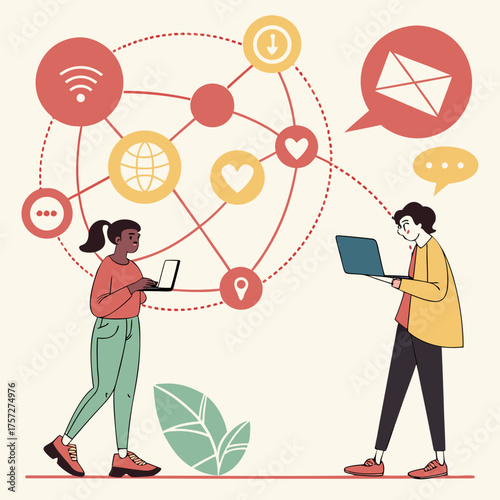 Online collaboration business vector illustration connecting people and digital icons