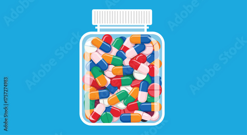 Vibrant assortment of colorful pills and capsules overflowing from a clear prescription bottle, symbolizing health and treatment options