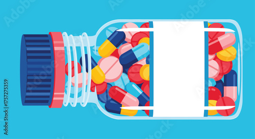 Vibrant assortment of colorful pills and capsules spilling from a clear prescription bottle with a blank label, symbolizing health and wellness solutions