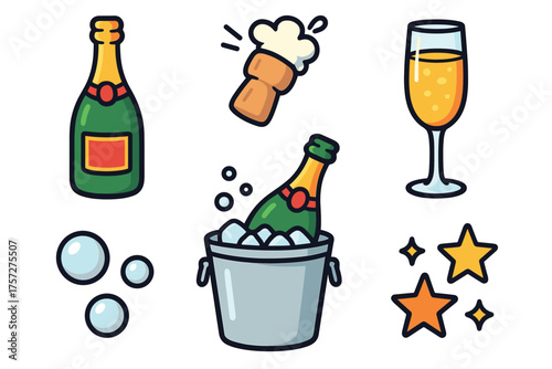 Festive celebration with champagne, sparkling wine and party elements. Set of 6 vector illustration