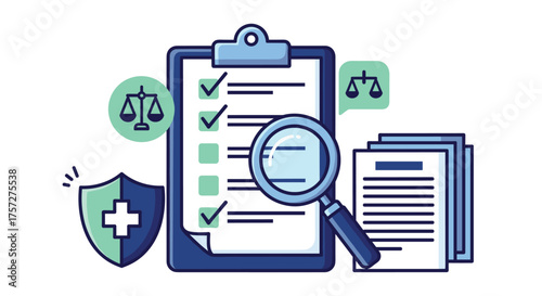 Diligently reviewing legal documents and compliance checks with a magnifying glass and scales of justice for clarity and accuracy