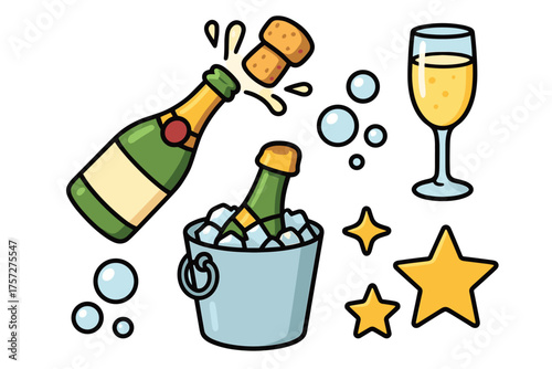 Celebrate joyful moments with champagne, stars, and bubbles. Set of 6 vector illustration