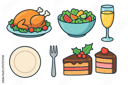 Festive holiday feast with delicious food and drinks for celebration. Set of 6 vector illustration