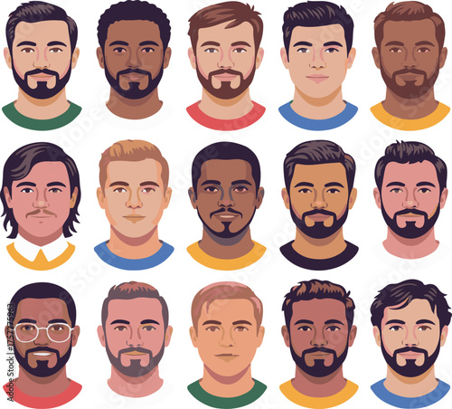 Group of 15 diverse male portraits with various hairstyles and skin tones faces ethnicity