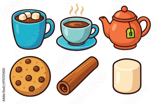 Warm beverage and treats collection for cozy moments and gatherings. Set of 6 vector illustration