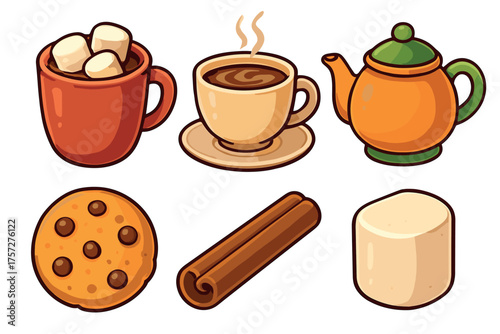 Hot drinks and treats for cozy winter moments. Set of 6 vector illustration