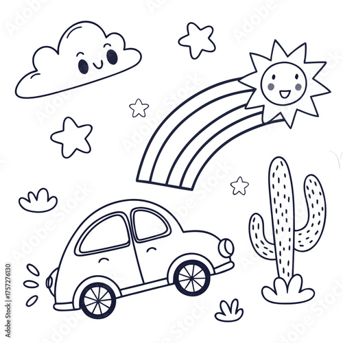 Cute outline doodle elements set with car rainbow sun stars and cactus vector illustration