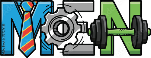 Word MEN formed by tie, gears, and dumbbell on white background text letters