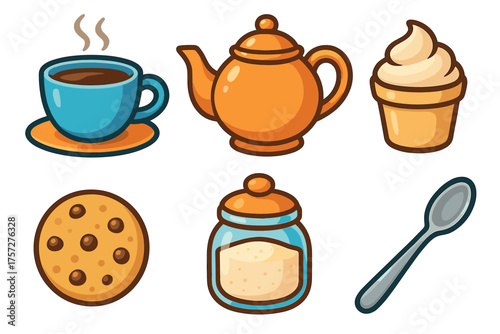Warm beverage and sweet treats for cozy afternoons. Set of 6 vector illustration
