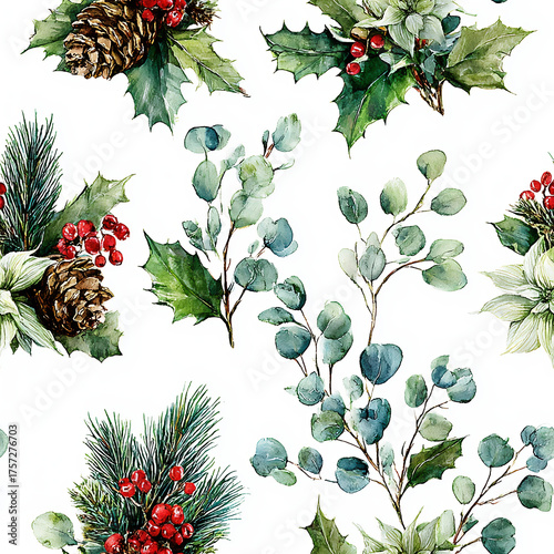 Watercolor Seamless Pattern Christmas Winter Floral Elements Pine Cones Holly Berries Eucalyptus Poinsettia