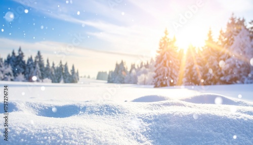 Obraz na płótnie スキーや冬のイメージ 青空と太陽が輝く雪原と美しい冬山の絶景風景