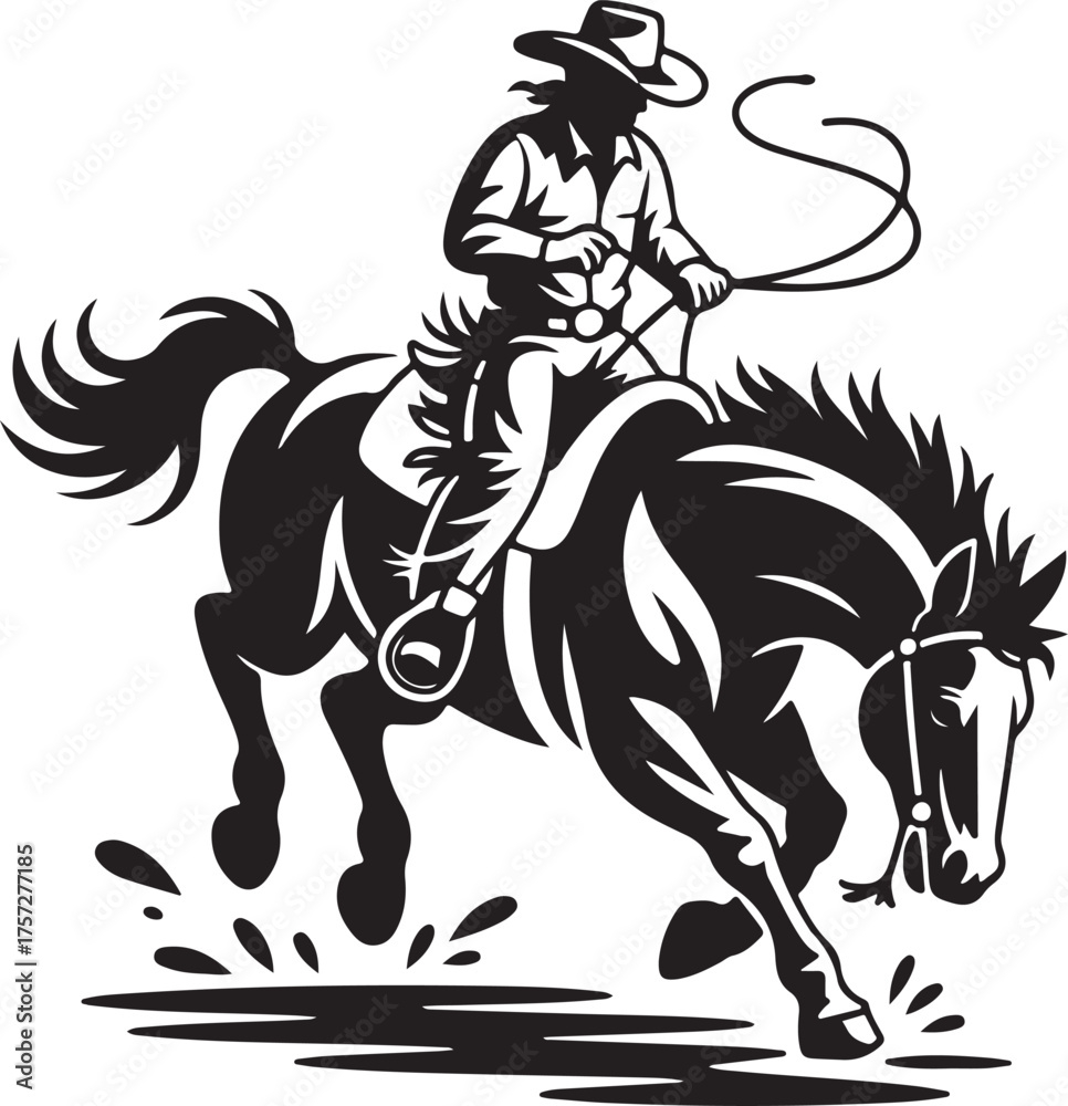 Fototapeta premium Cowboy on Bucking Bronco Silhouette Lasso Rodeo Riding
