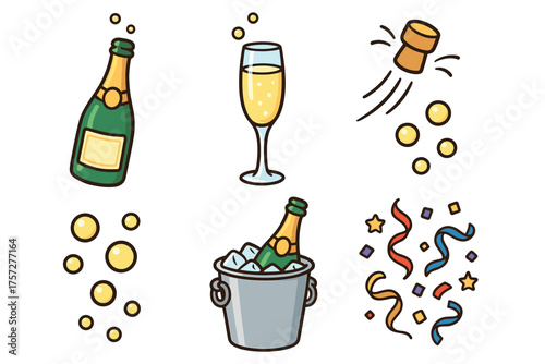 Festive celebration with champagne, confetti, and joyful moments. Set of 6 vector illustration