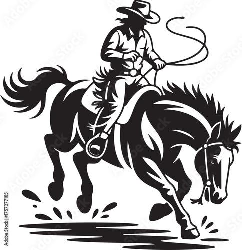 Cowboy on Bucking Bronco Silhouette Lasso Rodeo Riding