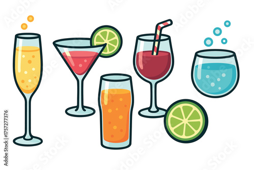 Colorful cocktails for a fun and refreshing summer gathering. Set of 6 vector illustration