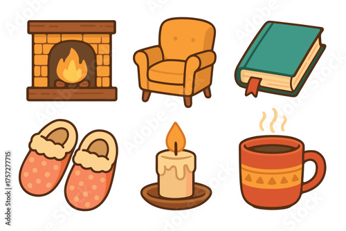 Cozy home essentials for a relaxing evening indoors. Set of 6 vector illustration