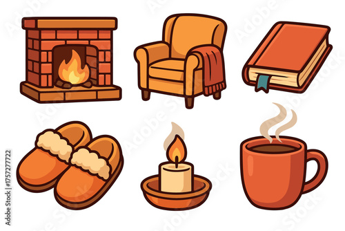Cozy winter evening with warm drinks and a fireplace scene. Set of 6 vector illustration