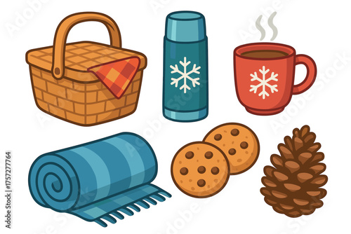 Winter picnic essentials with snacks and cozy items for outdoor fun. Set of 6 vector illustration
