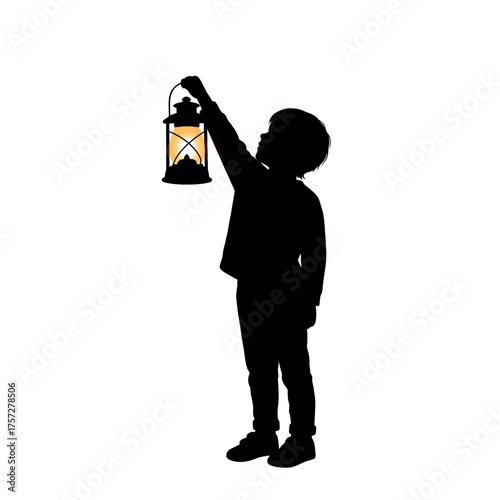 Child silhouette holding a glowing lantern in the dark.