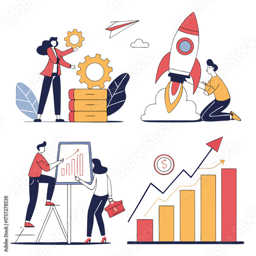 Startup growth concept illustrations vector set business development rocket launch