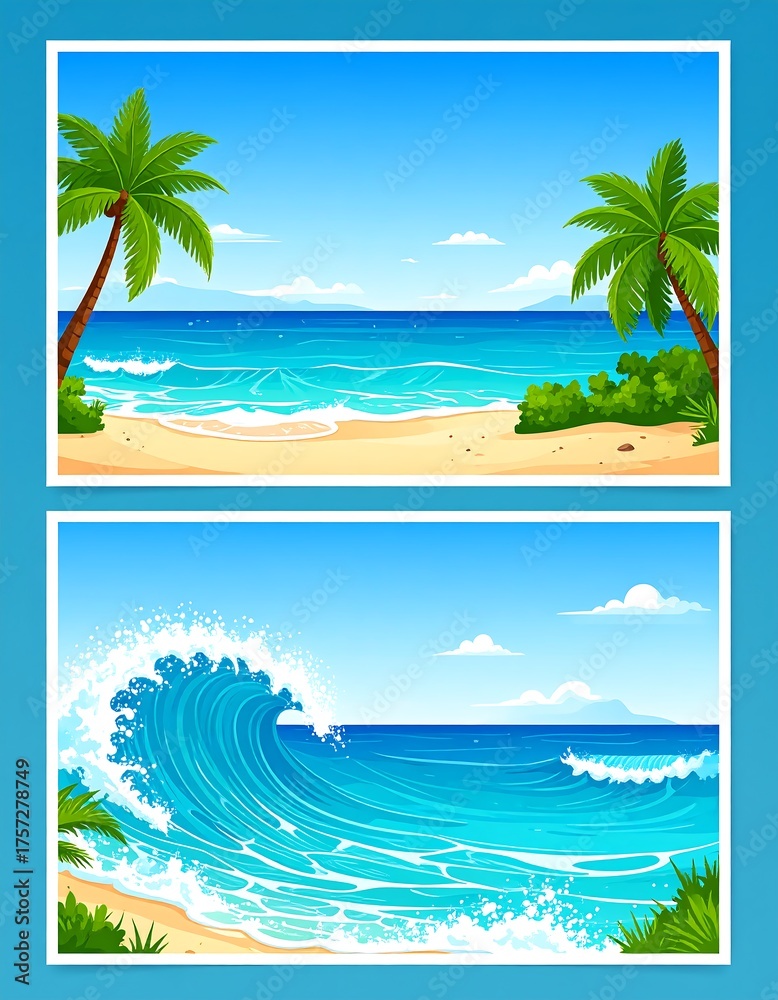 Obraz premium Cartoon-style tropical beach scenes with palm trees and ocean views