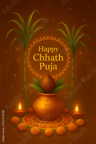 Illustration card greeting for hindu festival with kalash coconut marigold flowers sugarcane stalks and lit diyas, happy chhath puja wishes
