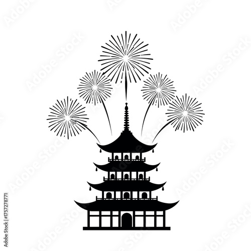 Japanese Pagoda with Fireworks Celebration Silhouette.