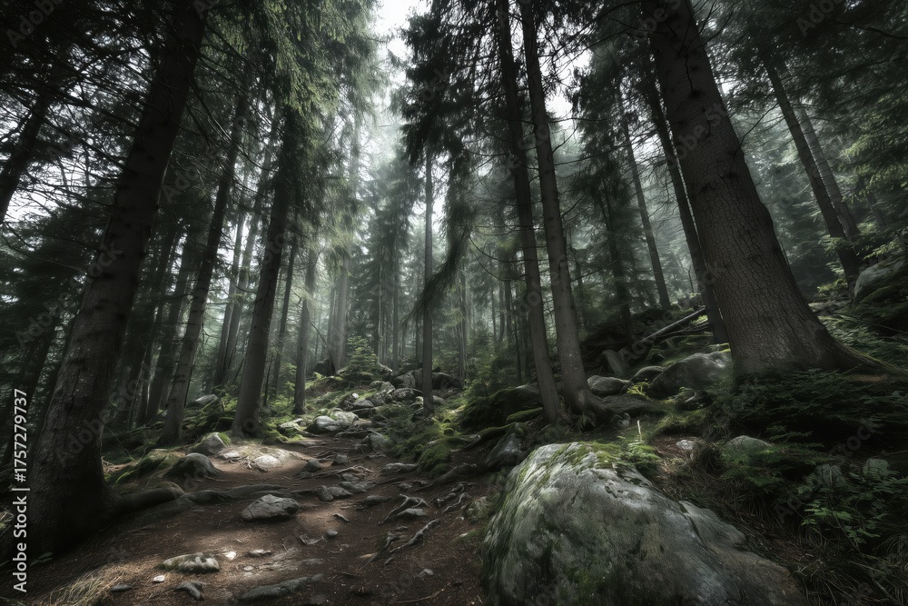 Naklejka premium Mysterious foggy forest path through towering evergreen trees with lush greenery