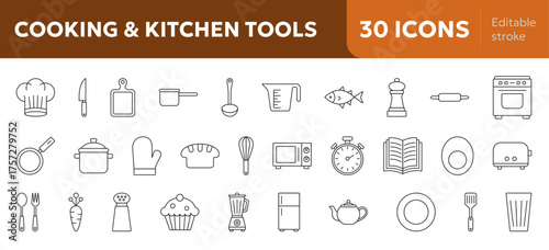 set of 30  line icons featuring cooking and kitchen tools, utensils, and appliances in clean minimal outline style perfect for food and culinary designs