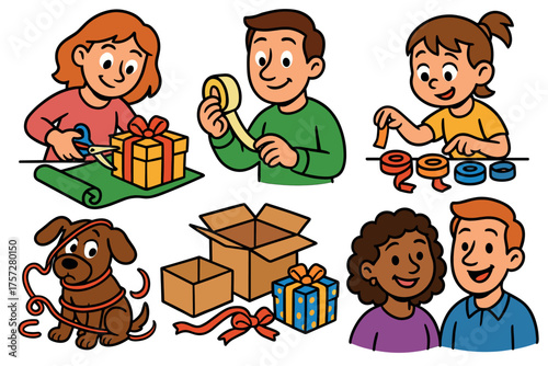 Gift wrapping joy during the holiday season with family and pets. Set of 6 vector illustration