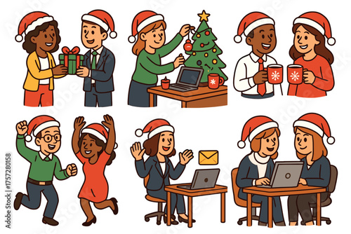 Holiday celebration with team activities and festive decorations. Set of 6 vector illustration