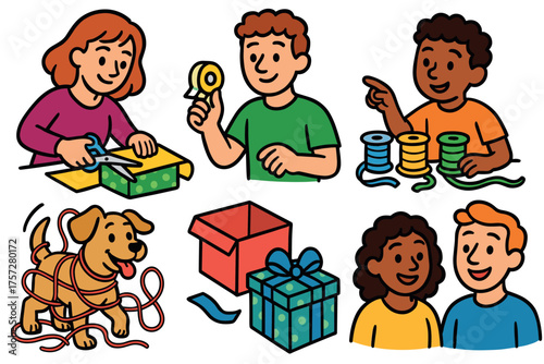 Creative gift wrapping activities with friends and a dog. Set of 6 vector illustration