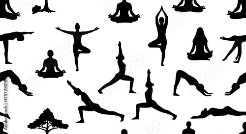 Seamless Yoga Meditation Pose Black Silhouette Pattern. Wellness, Fitness, Health, Mindful, Abstract Background, Fabric Print, Vector Texture.