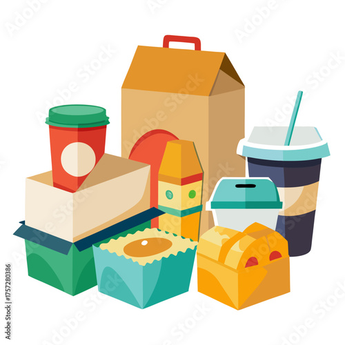Vector illustration of assorted food takeout boxes containers and drink cups scalable eps graphic