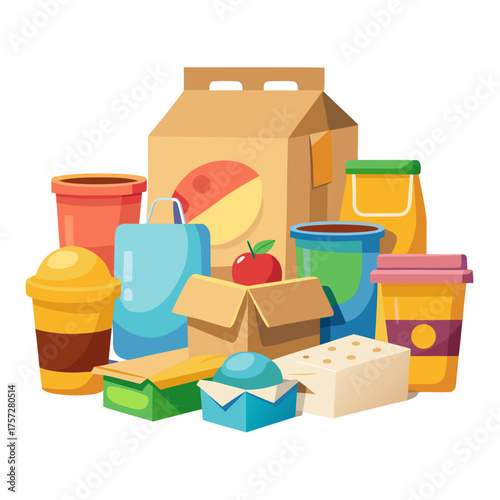 Vector illustration of diverse cardboard food boxes and takeaway containers for food delivery