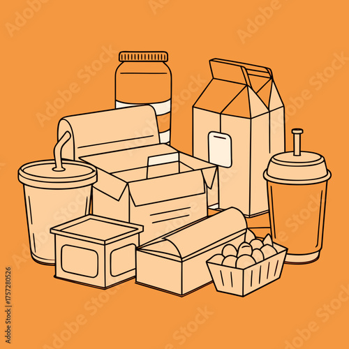 Outline set of takeaway food boxes containers and drinks vector illustration scalable eps icon