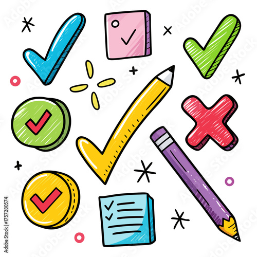 Hand drawn checkmarks x marks and pencils doodle set scalable vector illustration for voting and choices