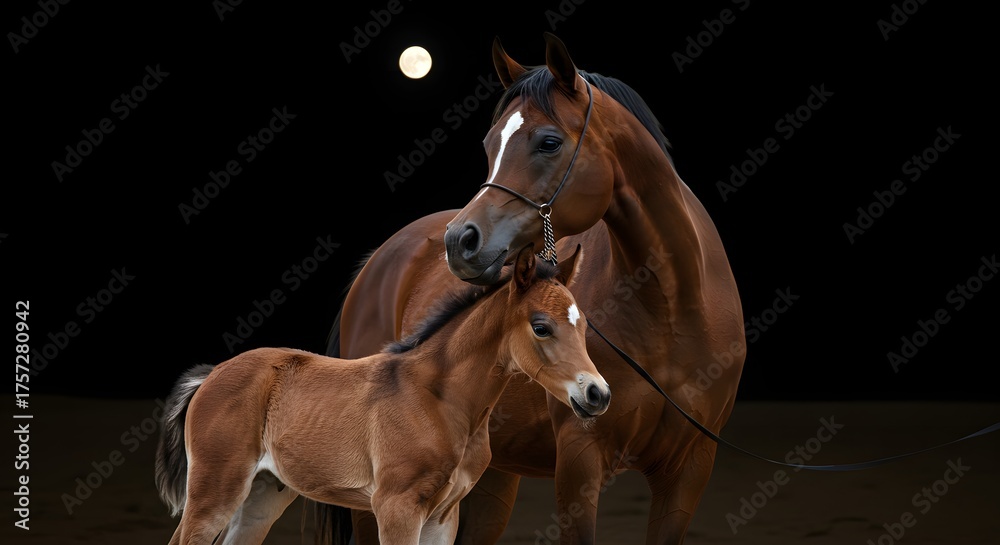 Obraz premium Horse with Foal Against Dark Background