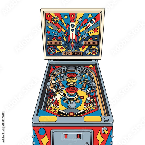 Classic Pinball Machine with Colorful Graphics and Design.