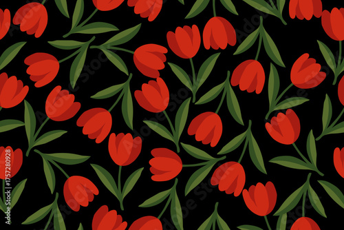 Vibrant red tulip floral pattern on a deep black background with lush green leaves, perfect for spring fabric, digital prints, and elegant surface design.