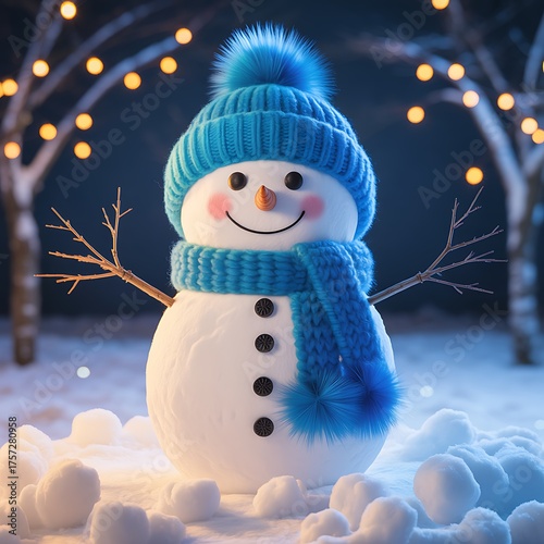 Cute snowman with blue hat and scarf in winter.
