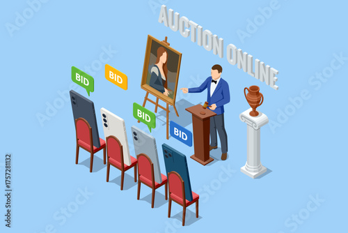 Isometric online auction scene with smartphones bidding for painting. Concept of digital art sale, virtual gallery, and e-commerce innovation.