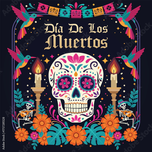 Dia de los Muertos or Day of the Dead festive design featuring hand drawn floral art, tattoo skulls, maracas, and sombrero, reflecting the colorful spirit of Mexican traditions.