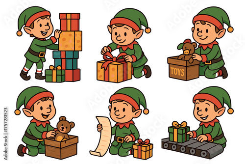 Cheerful elves preparing gifts and toys for a joyful holiday season. Set of 6 vector illustration