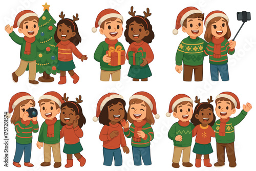 Friends celebrating Christmas with gifts and fun holiday activities. Set of 6 vector illustration