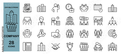 Company Icon Set – Business, Office, Businessman, Management, Meeting, Teamwork, Collaboration and Leadership. Editable Stroke, Vector Illustration