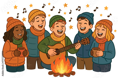 Group of friends singing around a campfire during a winter evening. 