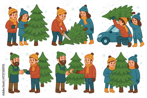 Families enjoying a festive tree shopping experience in winter. Set of 6 vector illustration